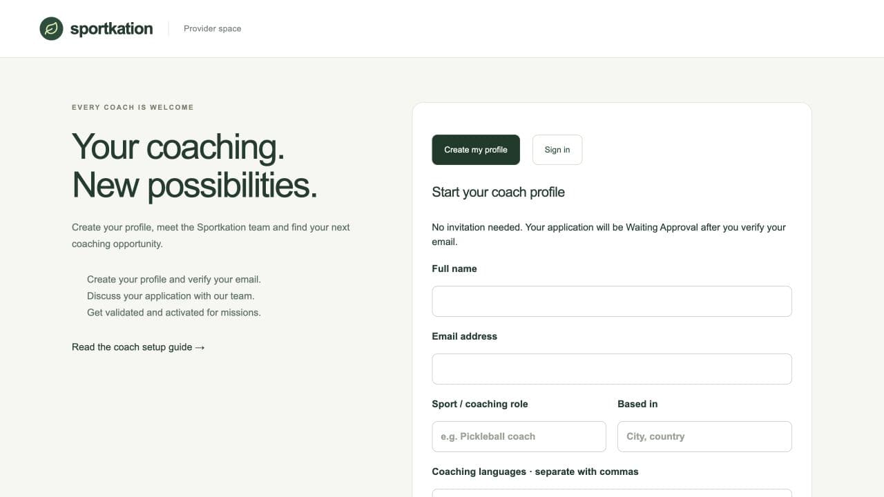 Self-service coach registration form