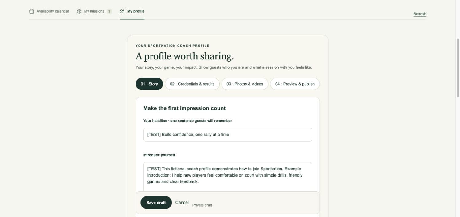 The coach profile editor with Story and the other setup steps