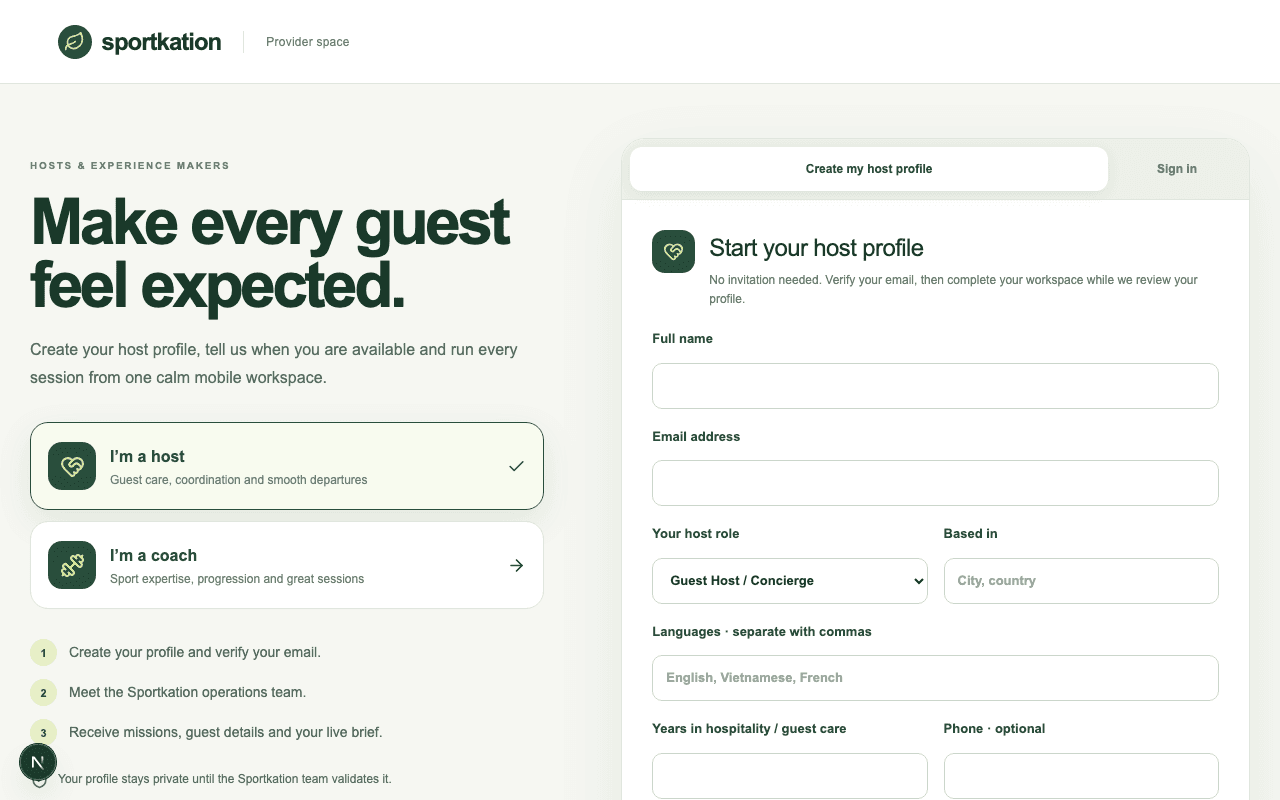 The shared Sportkation provider sign-up form