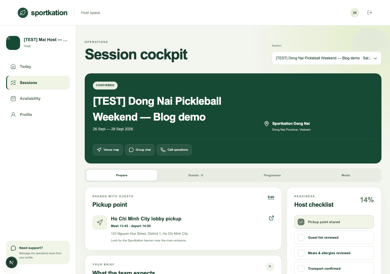 The session cockpit with the host checklist and pickup point