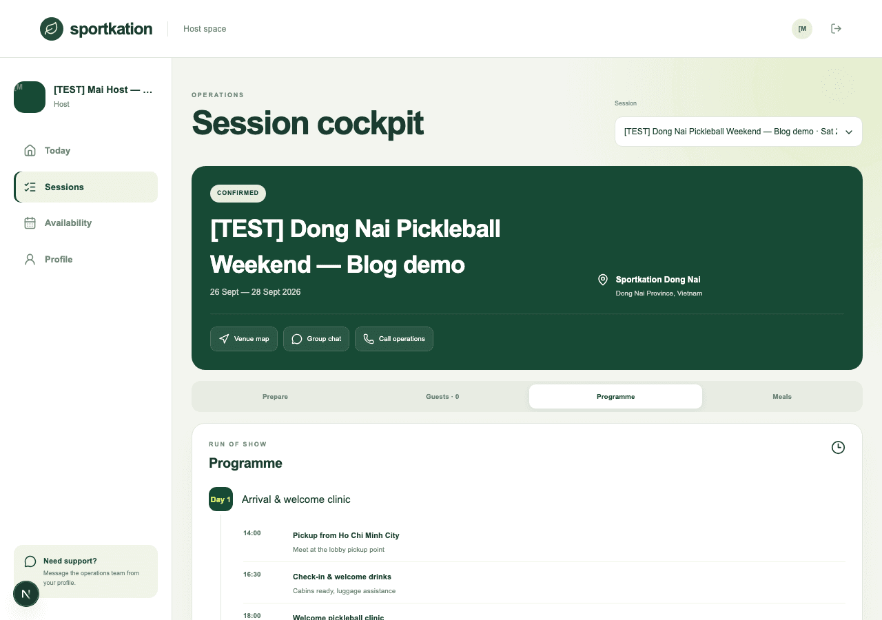 The session programme with the day-by-day run of show