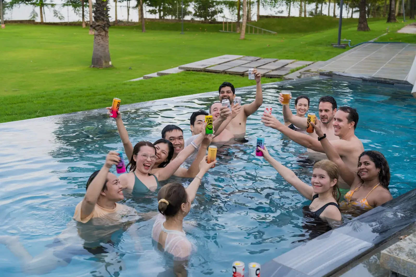 Sportkation participants relaxing together in the pool at Soojin Resort